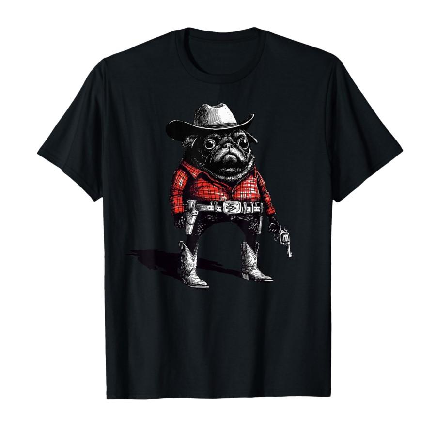 Cowboy Pug Dog Funny Western Outfit Red Pug Cowboy Meme T-shirt For Men Women 100% Cotton T Shirts Short Sleeve Tops P465 4XL