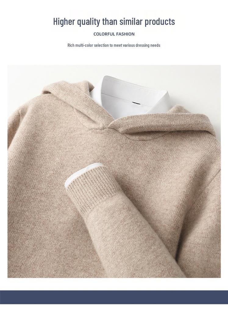 Men's 100% Pure Wool Knit Hoodie - Long Sleeve Solid Color Pullover for Autumn/Winter