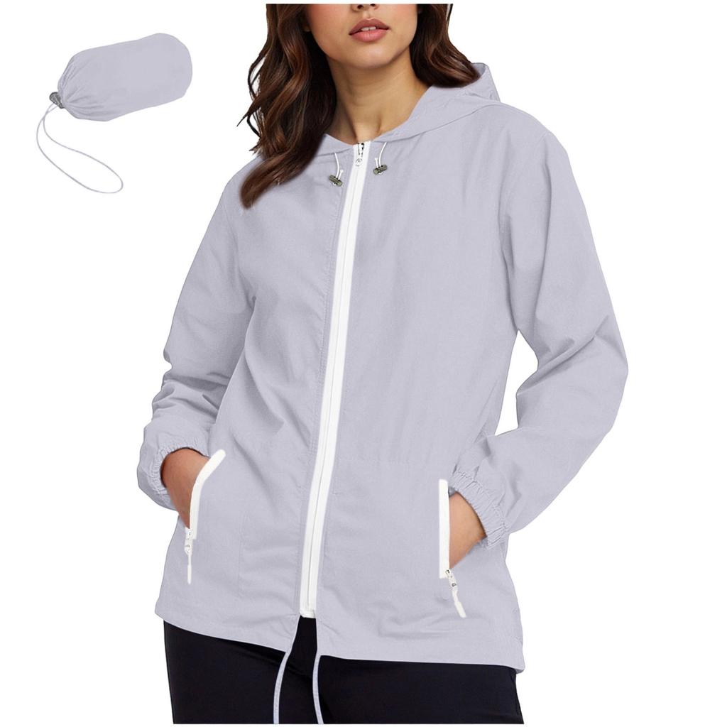 Women's Fashionable Casual Classic Plus Size Lightweight Zipped Long-Sleeved Hooded Jacket Foldable Outerwear With Packable Storage Pouch