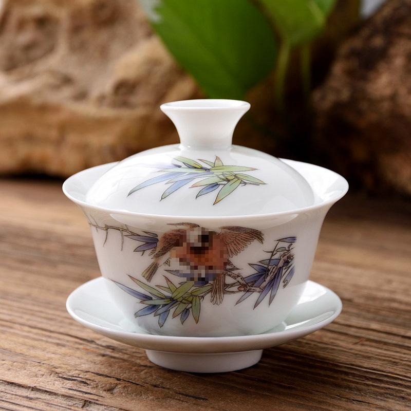 3.4-Inch Blue & White Ceramic Gaiwan Tea Set - 3-Piece, 100ml Capacity