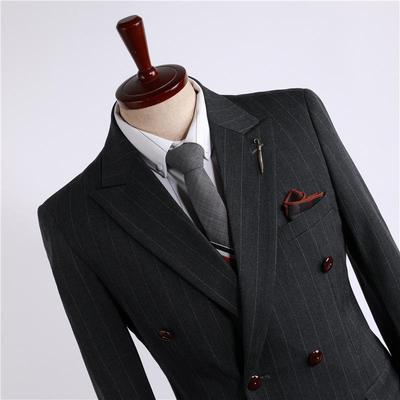 Men's Grey Striped Double-Breasted Suit Set - Three-Piece Formal Business Attire