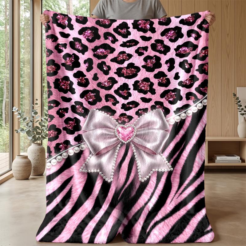 Pink Animal Print Bow Theme Blanket Lightweight Warm Flannel Blanket Decorative Throw Blanket for Home Decoration