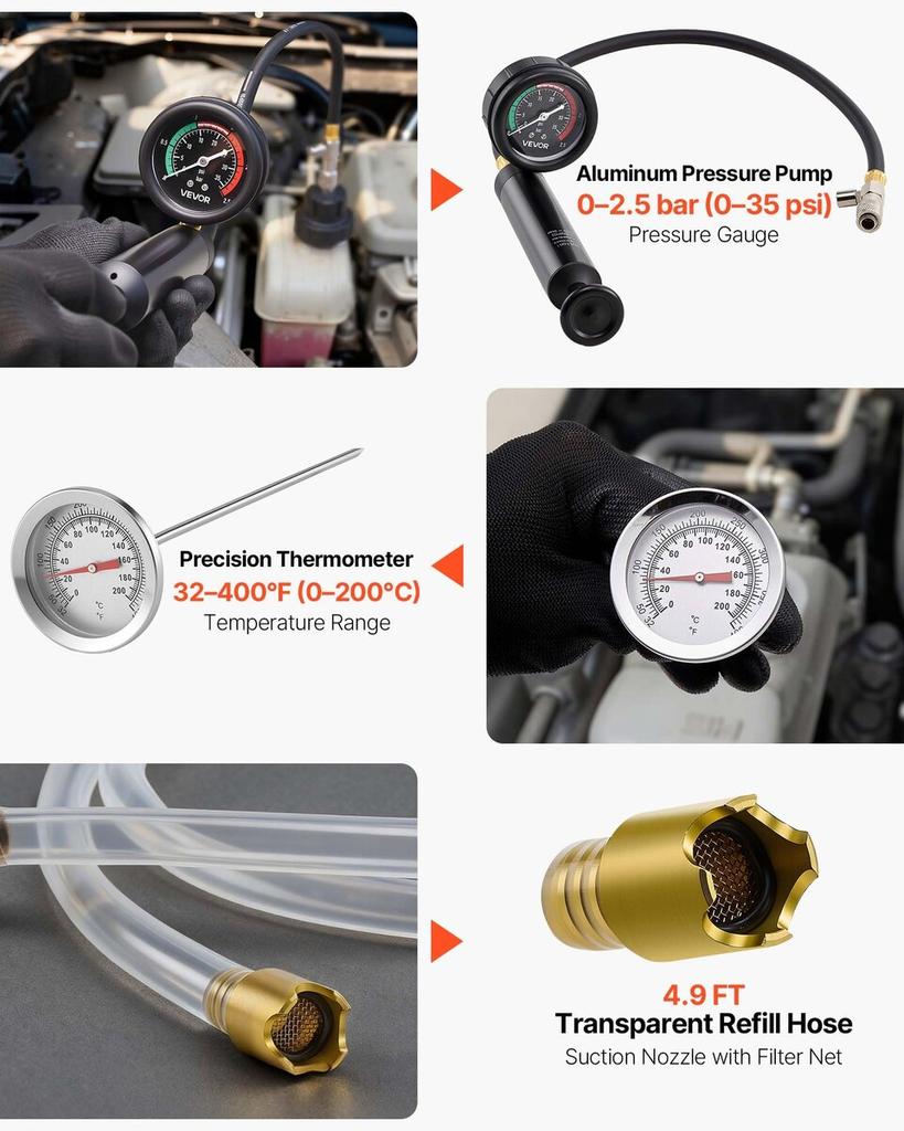 Coolant Pressure Tester Kit, 47Pcs Radiator Vacuum Refill Kit with 3 Metal Adapters, Universal Fit, Automotive Cooling System Pressure Tester Tool,
