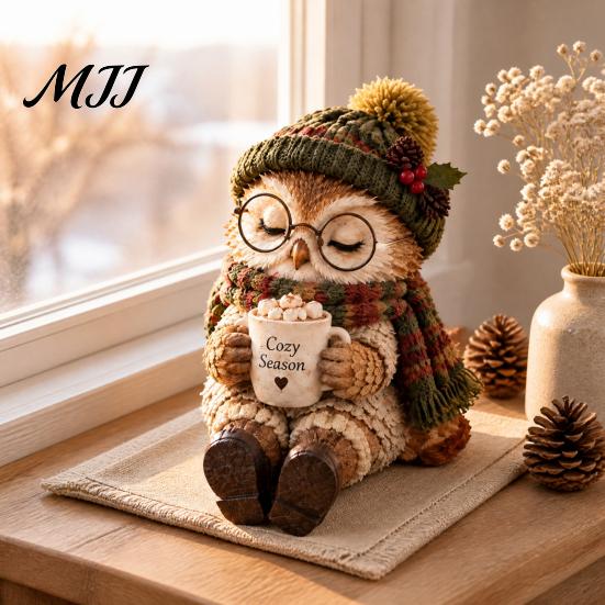 Soft Aesthetic Room Ornaments Christmas Animal Shelf Sitter Figurine, Woodland Statue with Mug, Dangling Leg Detailed Texture Figurines Mantel Decor,