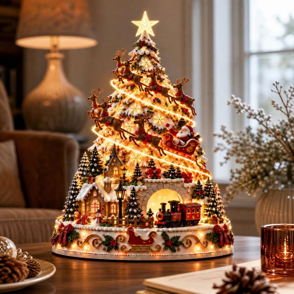 Christmas Village Scene Tree Figurine for Holiday Tabletop Display and Home Decoration