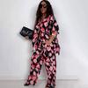 Womens 2025 Street Style Floral Print V-Neck Top Wide Leg Pants Two-Piece Set