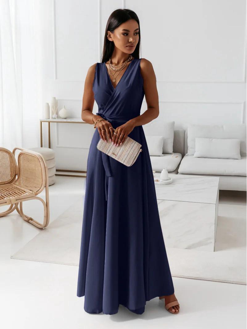 

2025 European & American Women s Solid Color V-Neck Evening Gown - Spring/Summer Collection M темно-синього кольору