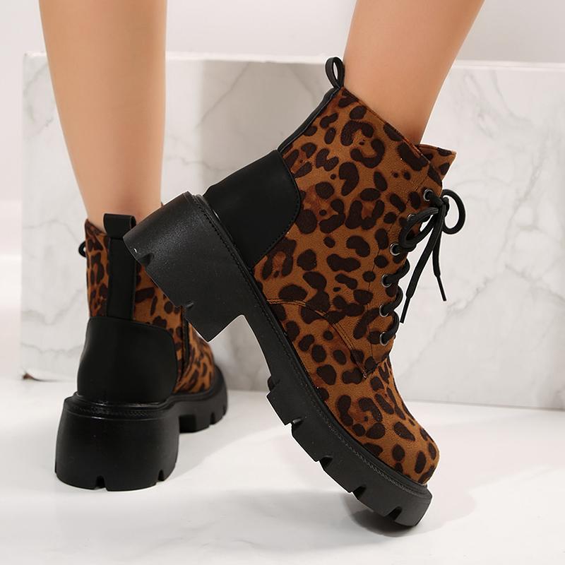 Lucyever Fashion Platform Leopard Boots Women Plus Size Lace Up Ankle Boots Woman Streetwear Thick Sole Motorcycle Booties Mujer