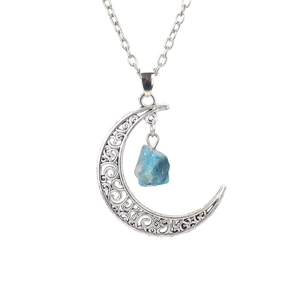 Hollow Moon Natural Rough Stone Crystal Pendant Necklace Amethyst Pendant Couple Necklace N597
