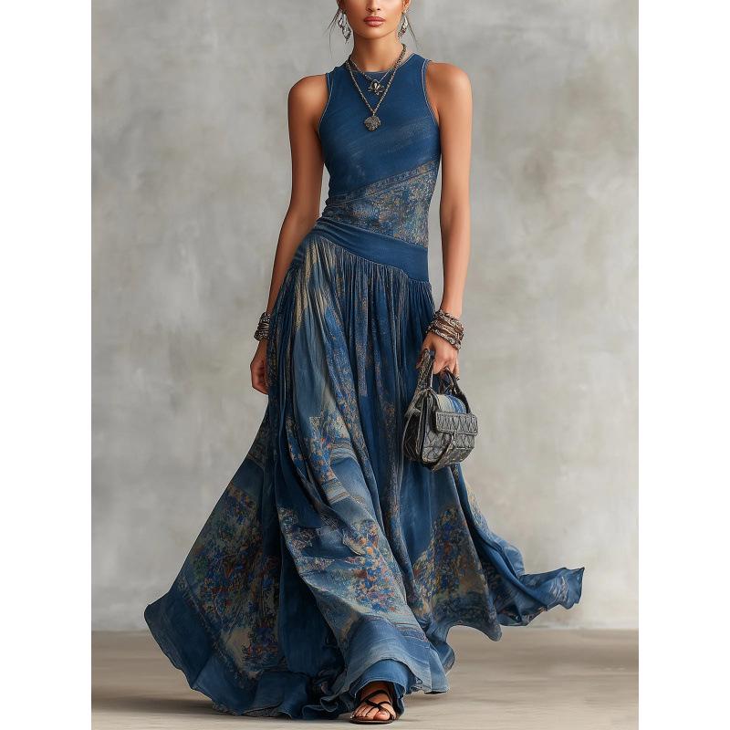 Elegantes ärmelloses Westenkleid mit digitalem Druck, breitem Saum und Rundhalsausschnitt