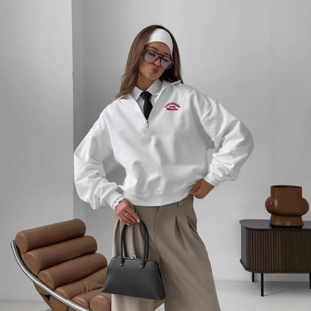 European and American basic semi-zipper pullover sweater women's 2025 new letter printing casual jacket