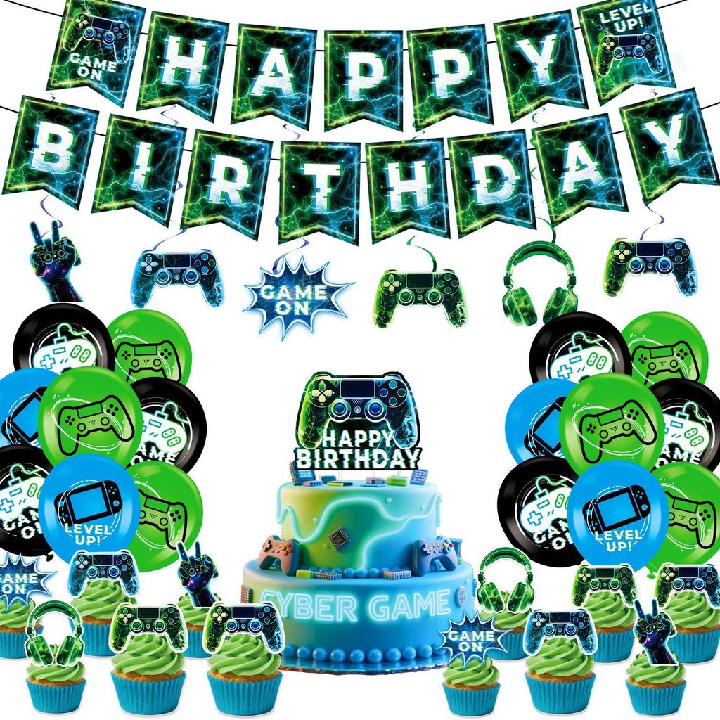 Blue-Green Lightning Glitch Game Controller Birthday Party Tableware Set