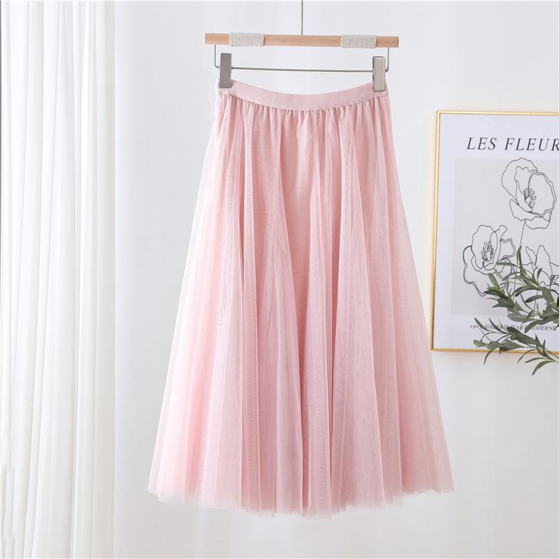 Qooth Women's Slim Skirt Mid Length Gauze Skirt Summer Simple Casual Skirt Fashion Full Dance Skirt QT2588