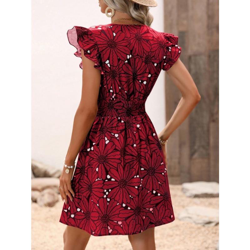 Women's Summer V-neck Cinched Waist Sexy Big Flower Ruffled Sleeveless Casual Dresses