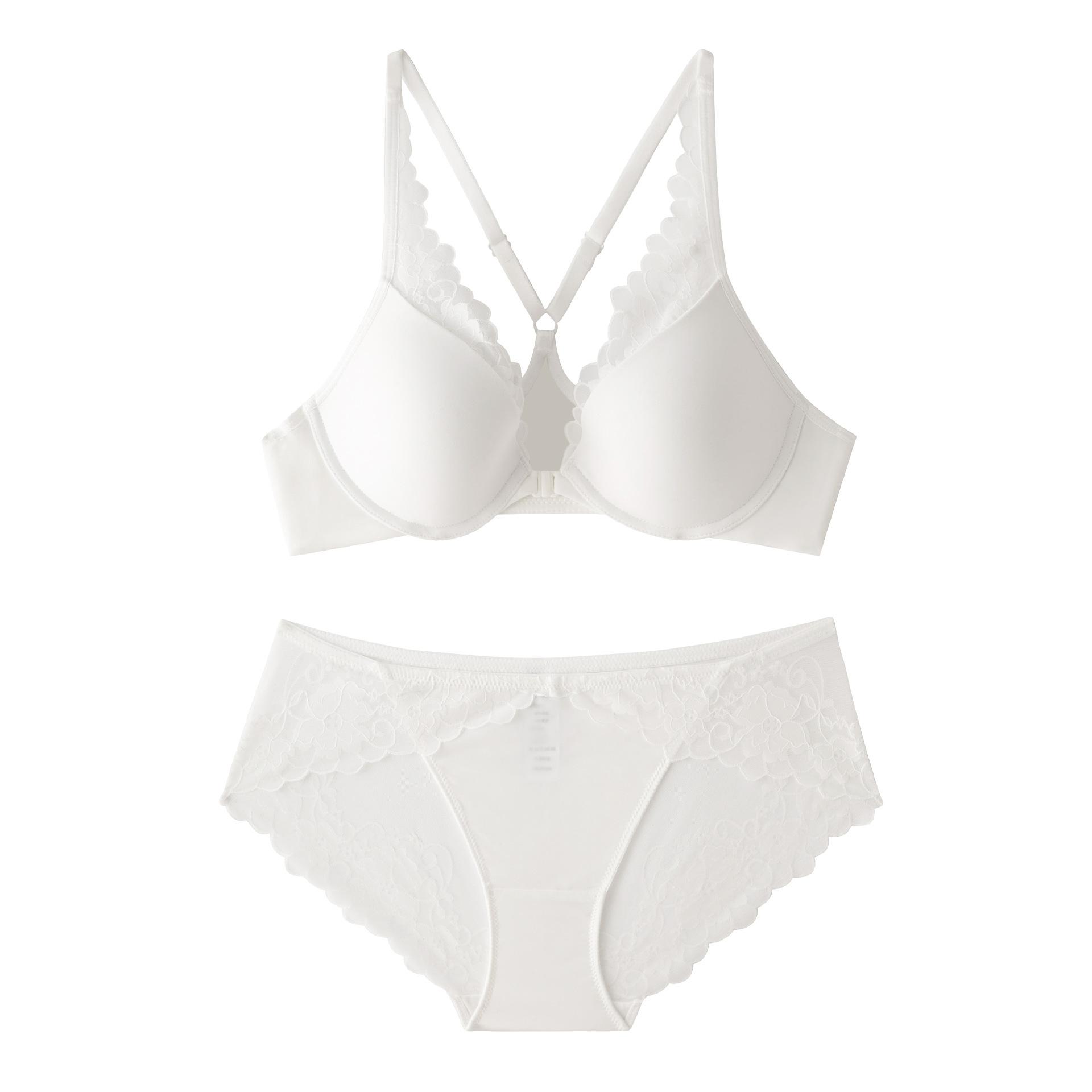 

Front buckle lace gather bra set women s sexy underwear big breasts show small thin bra beautiful back seamless underwear women 70A/32A білий