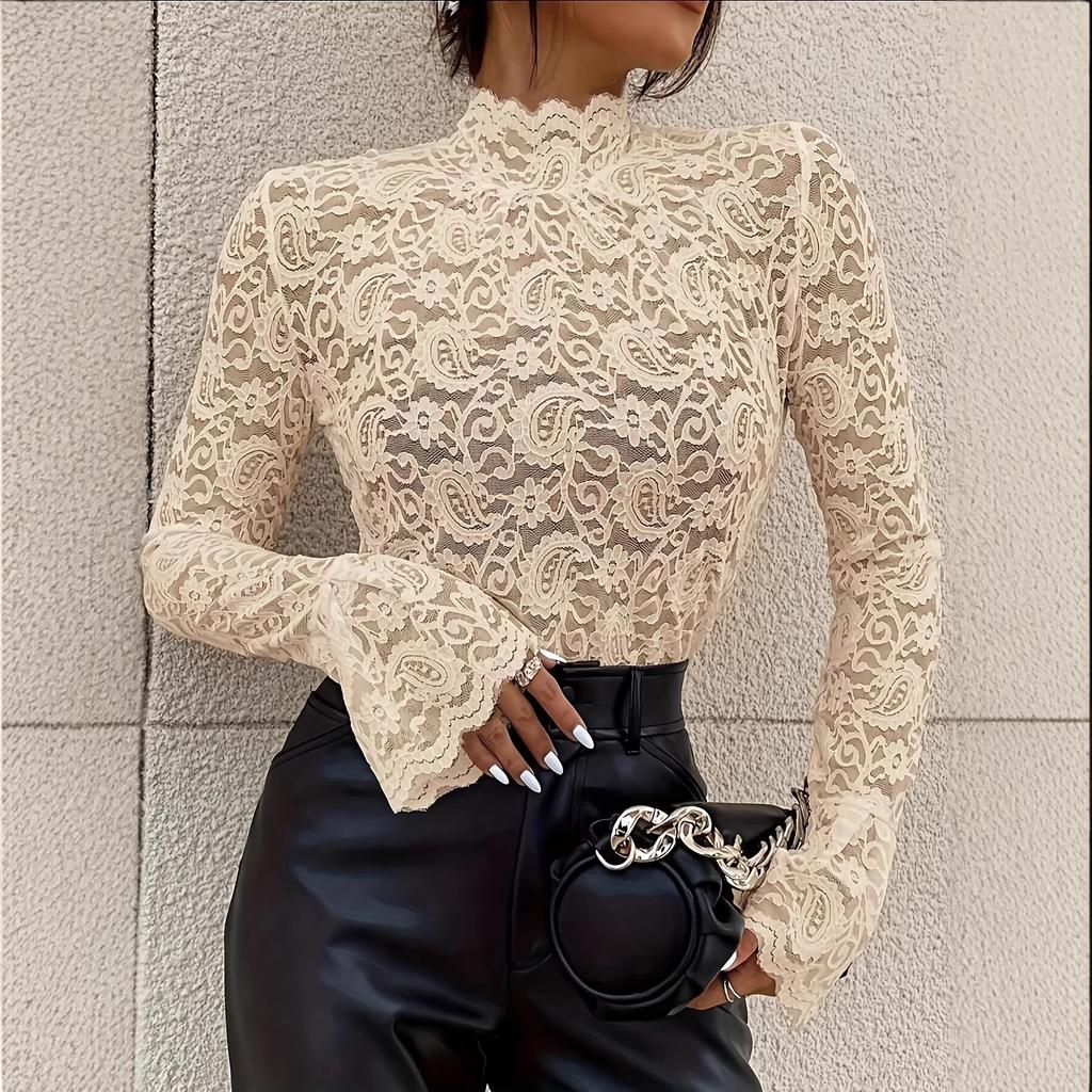 Sexy Paisley Lace Slim Flattering Outerwear Innerwear Bell Sleeve Top Women Fashion Daily Basic Office Lady Casual Slim Fit Ladies Elegant Top