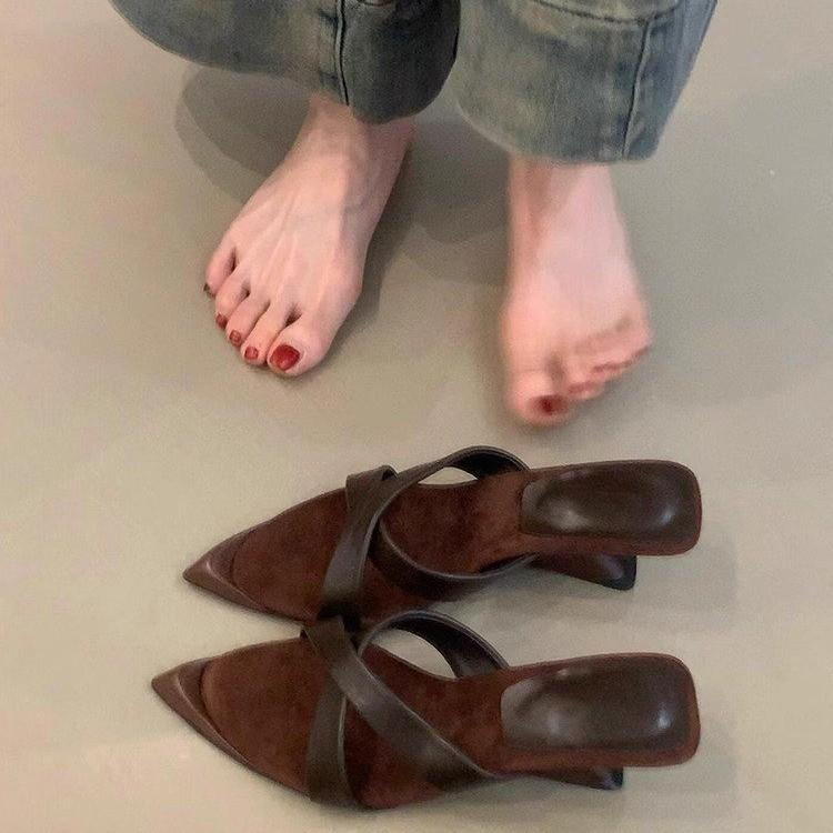 2025Spring and Summer Women's Shoes Korean Silk Satin Pointed Bow Tie Slippers Baotou Flat Heel Sets Semi Slippers