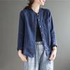 Retro Baumwolle und Leinen Stehkragen Langarmhemd Damen Frühling und Herbst Dünn Locker Einfarbig Lässiges Leinenoberteil