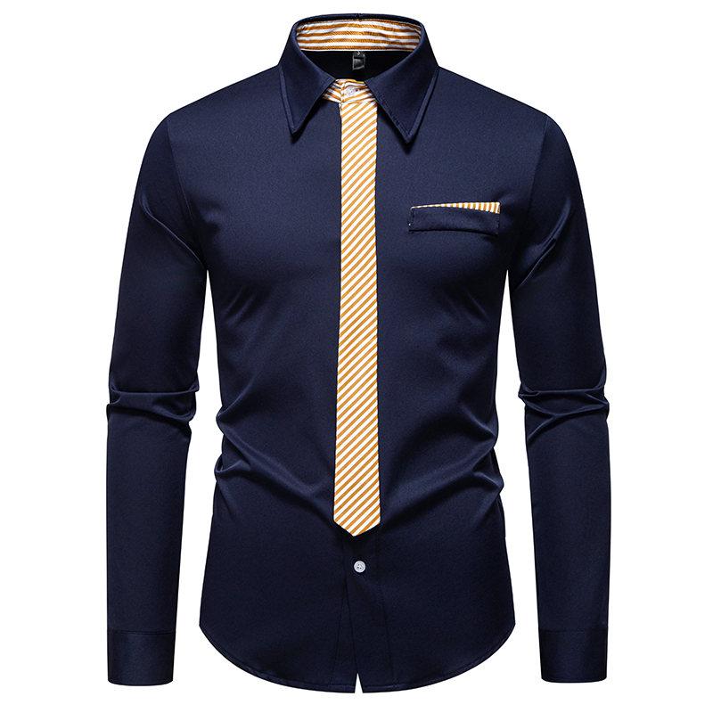 Autumn Men's Fake Tie Long Sleeve Shirt Men New Fashion Special Design Solid Shirts Male Versatile Casual Social Wedding Party