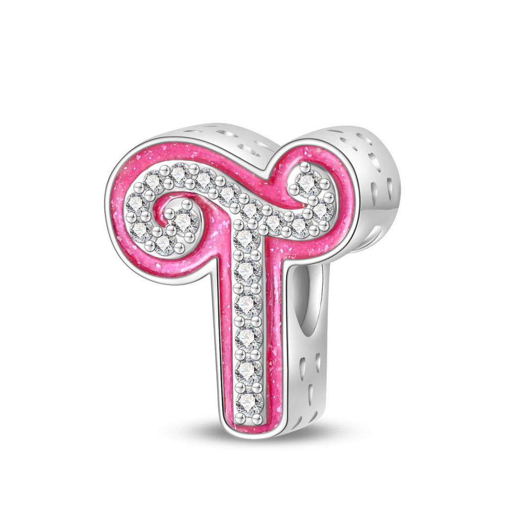 Pink Barbie Style Alphabet Bead Charms DIY Bracelet Jewelry Accessories 925 Silver