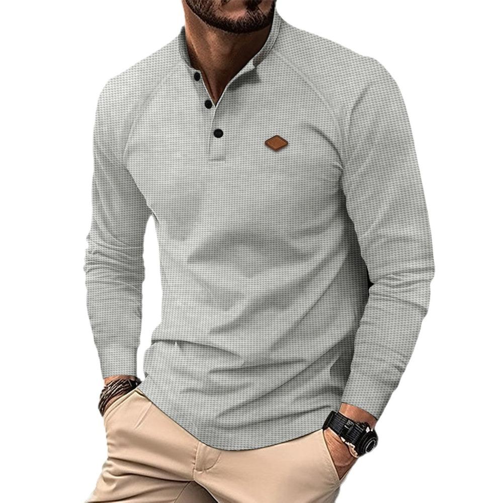 Waffle Autumn Winter Men's Polo Shirts Collar Solid Color Long Sleeves Sport Tops Fashion Casual Polos