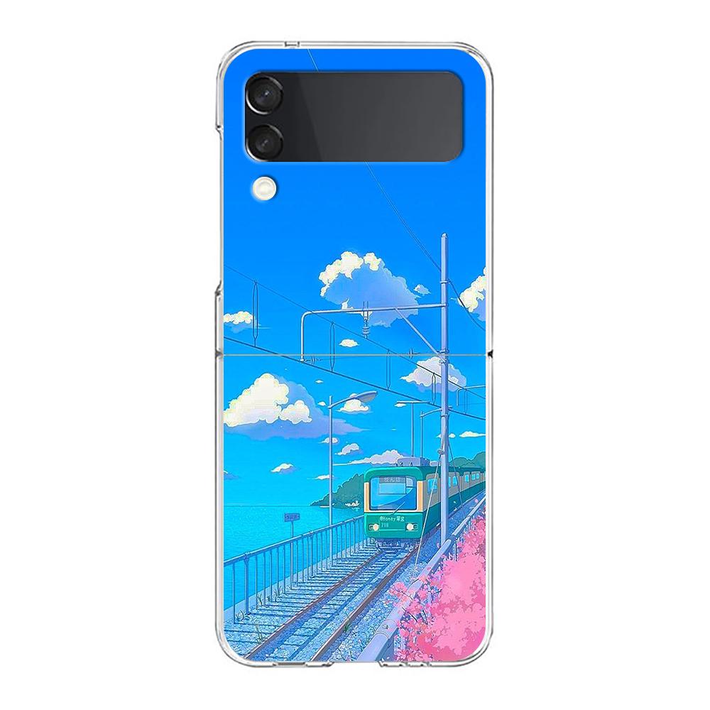 Cherry Blossoms Japanese Traint Moun For Samsung Galaxy Z Flip 3 4 5 Hard Folding Clear PC Phone Case For Samsung Z Flip3 Cover