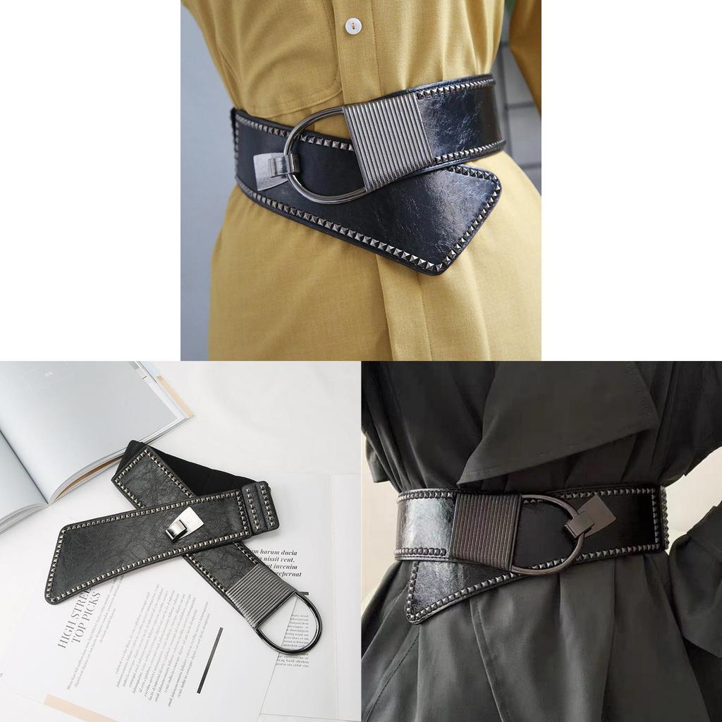 Punk Style Wide Elastic Waist Belt With Rivets Decorative Fashion For Women