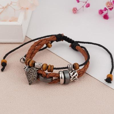 Unisex Retro Cowhide Hand-Woven Bracelet with Cross and Leaf Design