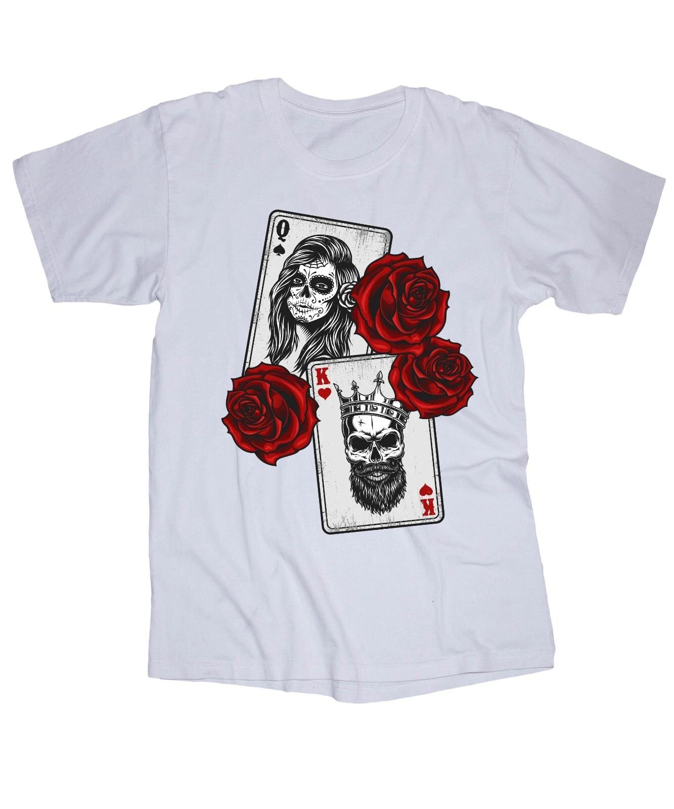 

King and Queen cards Rose Women Day of the Dead Tattoo Skull white T-shirt L