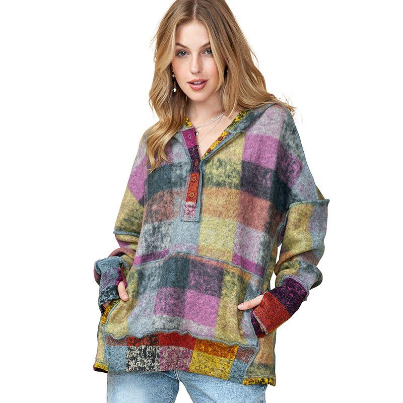 

Winter New Arrival Fashion Color Stitching Hoodie Women 2024 European and American Leisure Loose Plaid Pocket Pullover Women Color L code fits (62.50 kg-70.00 kg
