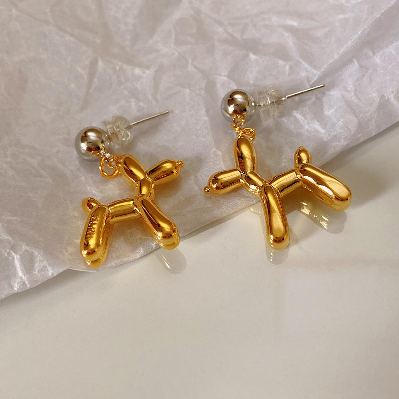 Gold and Silver Color Contrast Fashion Animal Balloon Dog Drop Earrings for Women Children Girls Punk Jewelry