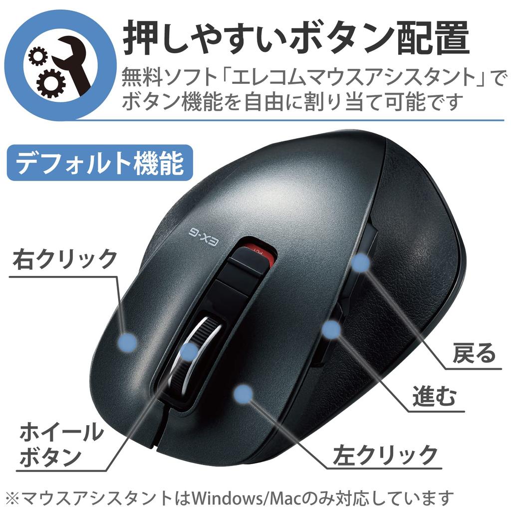 ELECOM Wireless Mouse Bluetooth EX-G, Ultra-Silent Grip, 5-Button Design, Multi-Pairing, M Size, Gunmetallic, M-XGM15BBSGMEC