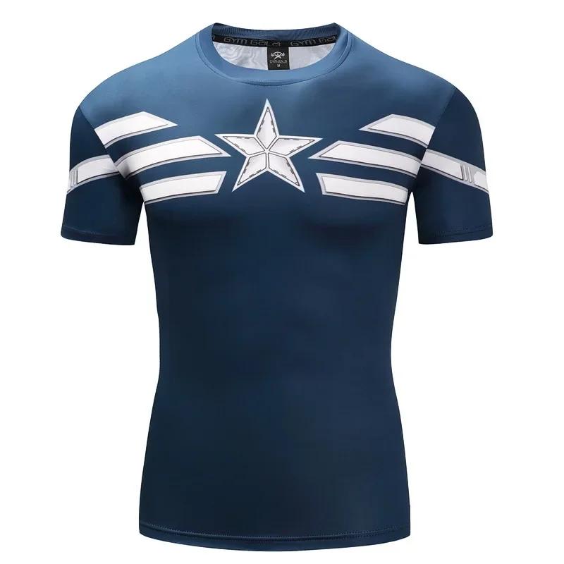 Men's 3D Printed Superhero Captain America Sports Short-Sleeved T-Shirt Quick-Dry Compression Running Sports Shirt Summer