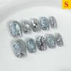 10Pcs Cat Eye False Nails Short Square Handmade Fake Nails Irregular Metal Press on Nails Silver Glitter Design Sweet Cool Girls