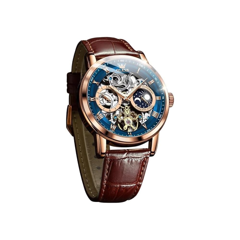 OLEVS Men s Mechanical Automatic and Manual Leather Fashion Watch Blue Skeleton Moon Phase Luminous Waterproof