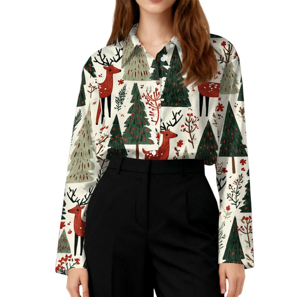 Women's Casual Christmas Print Long Sleeve Cardigan Top for Holiday Festive Wear