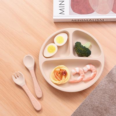 Color Kids 3PCS Silicone Baby Tableware Set Feeding Utensils With Wooden Spoon Fork BPA Free Training Dishes Plate Dinnerware