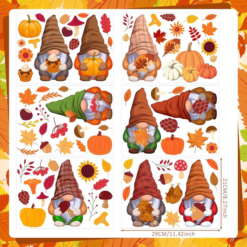 6 Sheets 85 Pcs Thanksgiving Gnome Wall Decals Fall Autumn Harvest Wall Decals Gnome Pumpkin Sunflower Maple Leaves Window Clings for Home Living