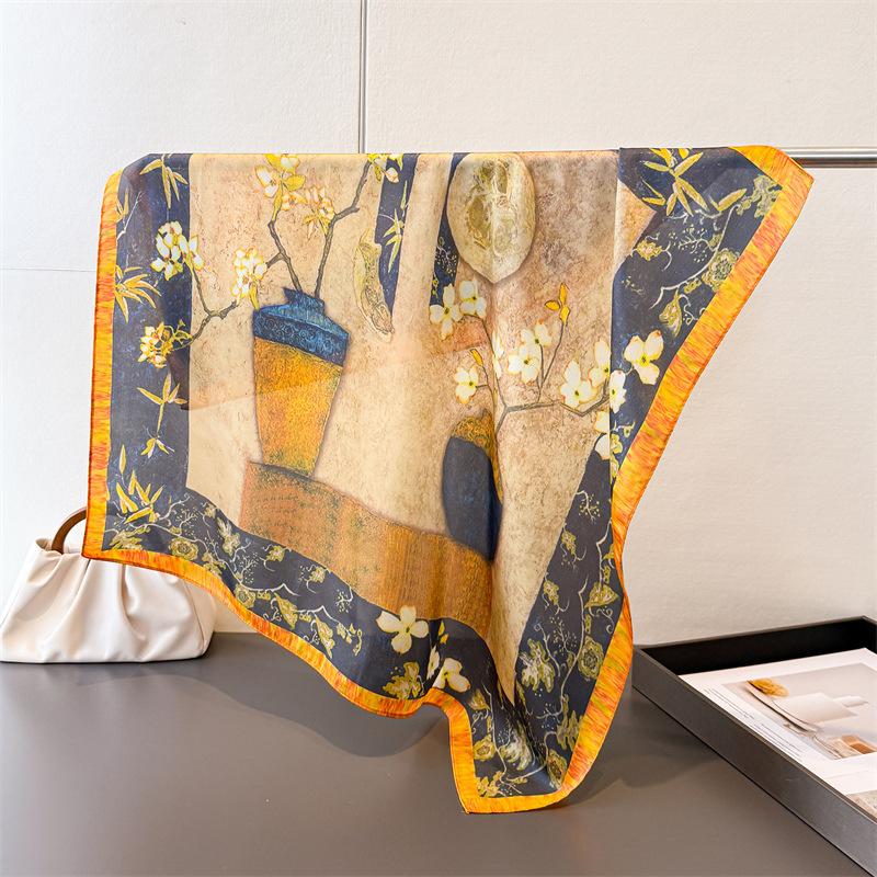 New Oil Painting Print Shawl Square Scarf For Women Wraps Neckerchief Female Hair Bands Ribbon Headband Bandana