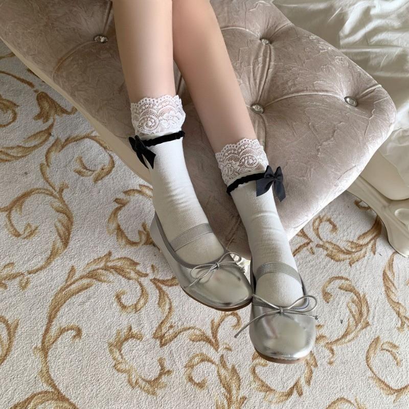 Japanese JK Girls Cotton Calf Socks Sweet Lace Bow Mid-tube Socks Lolita Soft Breathable Pile Socks