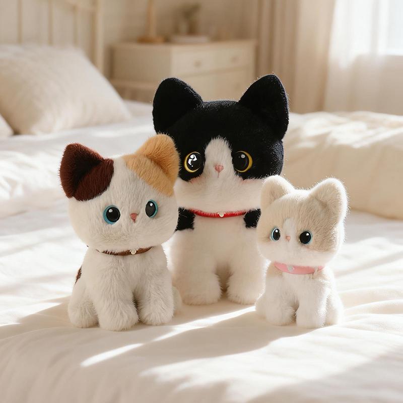 Favorite Toy Unisex Black White Well-Behaved Sitting Pose Kitten Plush Toys Soft Fluffy Cartoon Pet Cat Doll Cute Office Desktop Decor Funny Gift To Family