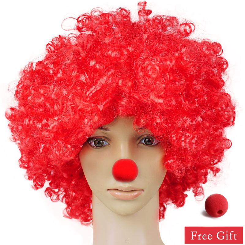 Parrucca da Clown Colorata Afro Riccia Sintetica Cosplay per Uomini Donne Parrucca per Festa di Carnevale Rossa Verde Gialla Blu Naso da Clown