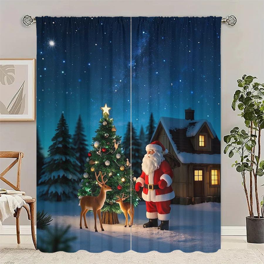 

Christmas Santa Claus Tree Pattern Printed Curtains Decorations Home Room Set Of 2 Made Polyester W100*H70(CM)-Rod Pocket&1PCS