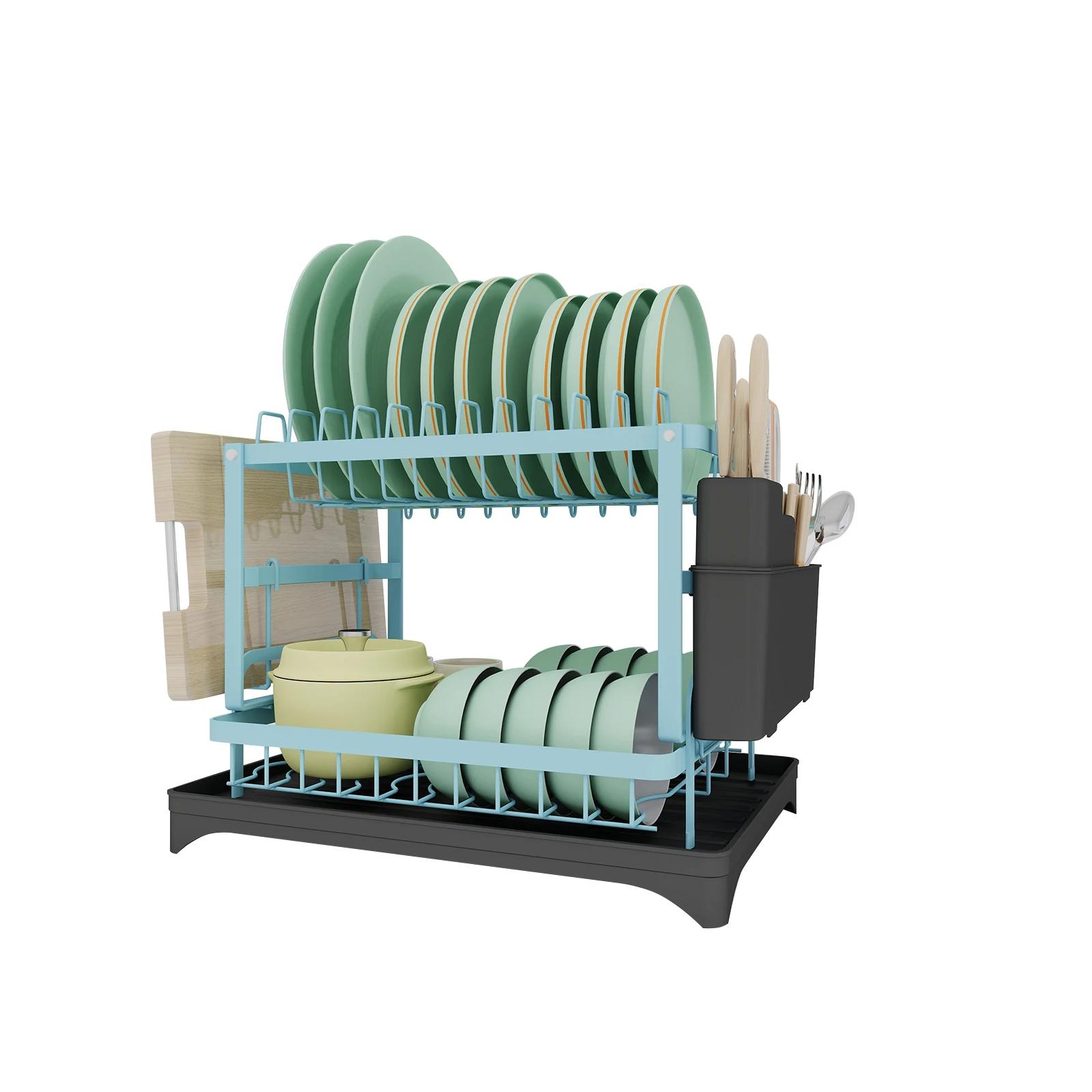 

2-Tier Dish Drainer Rack with Removable Drip Tray, Stainless Drying Stand with Cup, Utensil & Cutting Board Holders for Counter 2-tier