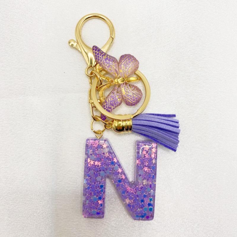 26-Letter Alphabet Resin Keychain with Star Sequins & Tassel Charm