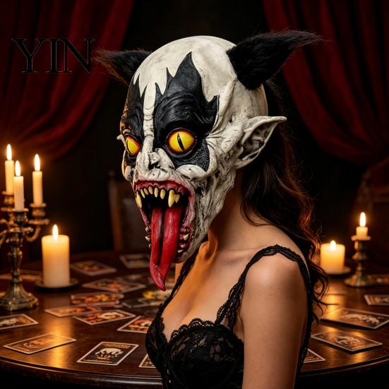 Evil Character Cosplay Headgear Halloween Horror Clown Mask with Long Tongue, Latex Scary Breathable Masquerade Gear Creepy Costume Prop for Parties,