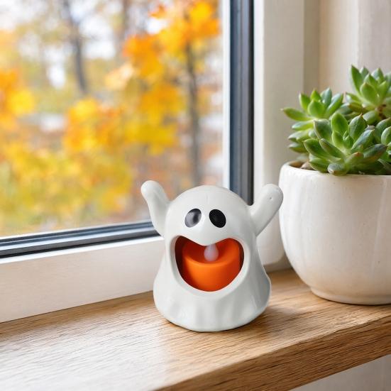 Halloween Ghost Candle Holder with LED Candle, Cute Tea Light Tabletop Decoration Holder, Spooky for Indoor Home Decor, Holiday Party Supplies Shaped