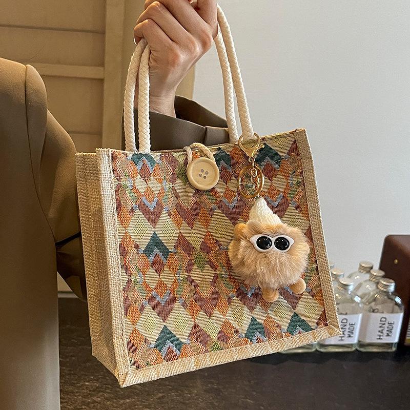 Rhombus linen handbag women's 2026 new souvenir bag fashionable women carrying small satchel when going out