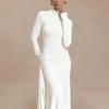 Elegantes Damen Winter Langkleid mit hohem Kragen und gefalteter Rüsche