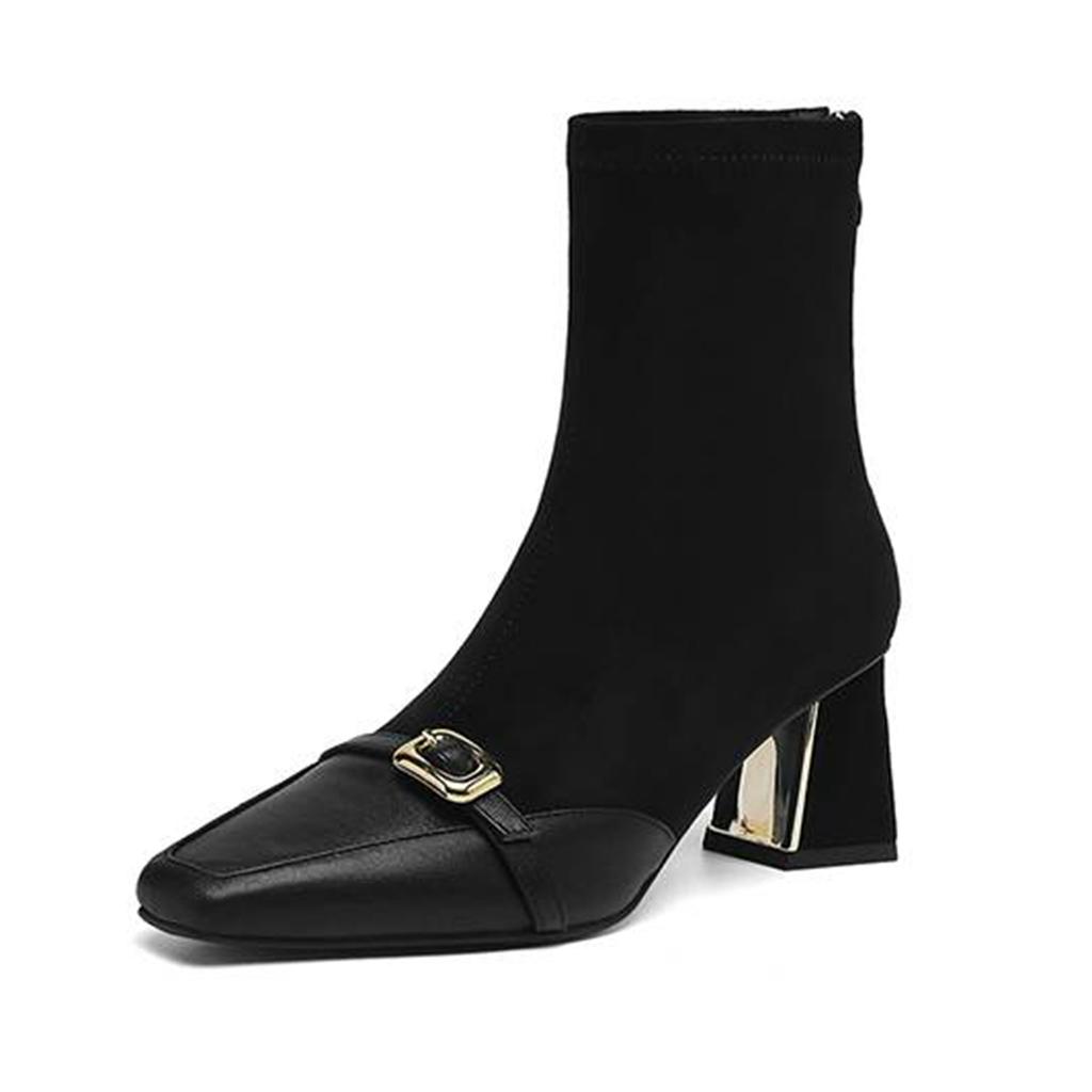 Krazing Pot Flock Cow Skin Square Toe Thick Heels Chelsea Boots Size 42 Beauty Lady Women Metal Buckle Ankle Boots